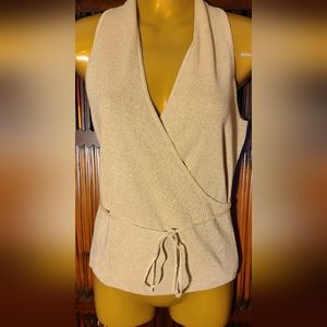INC gold lurex and knit surplice sleeveless top sz M